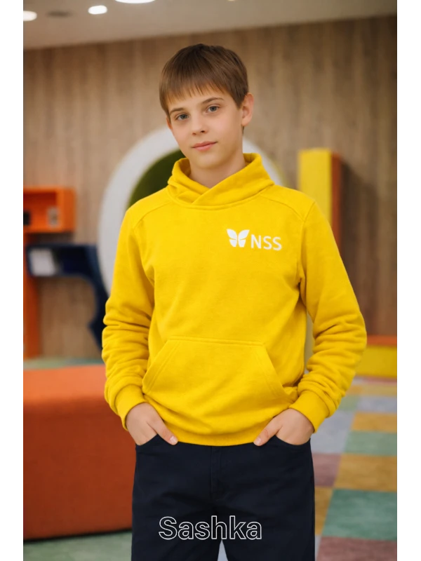 Худі УТЕПЛЕНЕ для хлопчика на флісі з коміром жовте з логотипом школи NSS, розмір 116-164